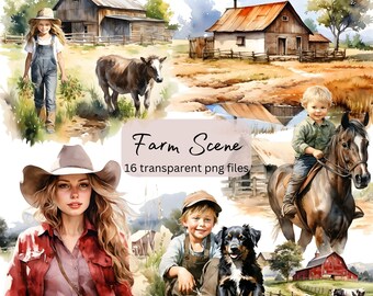 Farm Scene Watercolor Clipart Bundle, Transparent PNG, Country lifestyle Instant Download,Card Making Scrapbook,Junk Journal,Commercial Use