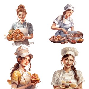 Puede incluir: Cuatro mujeres con diferentes atuendos y sombreros se muestran en una ilustraci&oacute;n de acuarela. Cada mujer sostiene o prepara productos horneados. La mujer de la izquierda sostiene una bandeja de pasteles. La mujer del centro sostiene una bandeja de cupcakes. La mujer de la derecha sostiene una bandeja de donas. La mujer del fondo est&aacute; preparando una bandeja de donas.