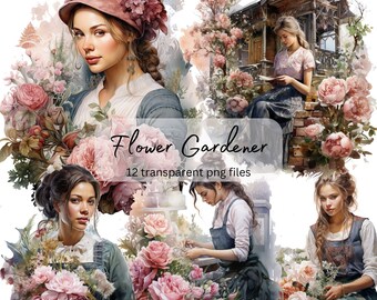 Flower Gardener Watercolor Clipart Bundle, Transparent PNG, Digital Download, Junk Journal Scrapbooking, Pretty Girl Clipart, Commercial Use