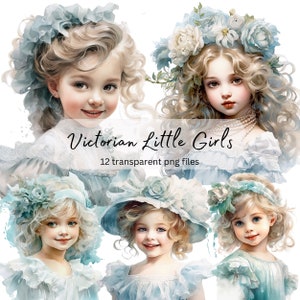 Victorian Vintage Little Girl Acuarela Clipart Bundle, PNG transparente, Descarga digital, Tarjeta que hace Scrapbook Junk Journal Uso comercial