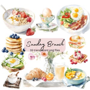 Sunday Brunch Breakfast Watercolor Clipart Bundle, Transparent PNG, Digital Download, Watercolor Food Clipart, Card Making, Junk Journal