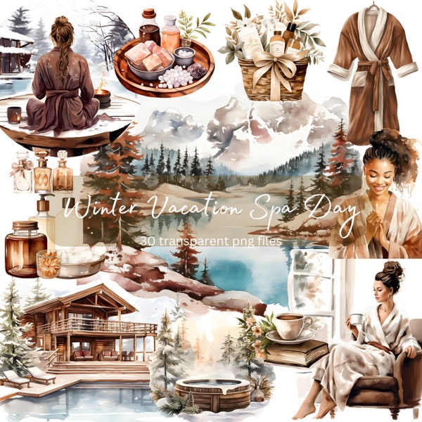 Winter Spa Urlaub Aquarell Clipart, Cottage Kern Lifestyle, transparentes PNG, digitaler Download, Card Making Scrapbooking, kommerzielle Nutzung