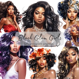 Black Glam Girls Watercolor Clipart Bundle, Transparent PNG, Digital Download, Card Making Pretty Woman, Fashion Illustration,Commercial Use