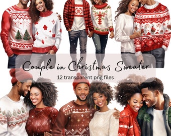 Christmas Loving Couple Watercolor Clipart Bundle, transparent PNG, Cute Sweater Clipart, Sublimation, Paper craft,Junk Journal Scrapbooking