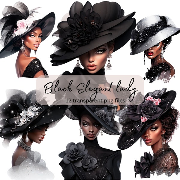Black Elegant Lady Watercolor Clipart Bundle, Transparent PNG, Digital Download, Card Making Beautiful Woman, Fashion Model Illustration