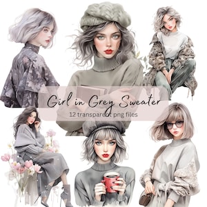 Pacchetto di clipart acquerello ragazza moda, PNG trasparente, download digitale, donna che crea biglietti, illustrazione del capo della signora, diario spazzatura, album dei ritagli