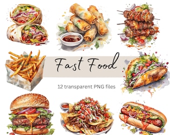 ファーストフード クリップアート バンドル、透明 PNG、デジタル ダウンロード、水彩画の食べ物クリップアート、カード作成、ジャンク ジャーナル スクラップブッキング、商用利用