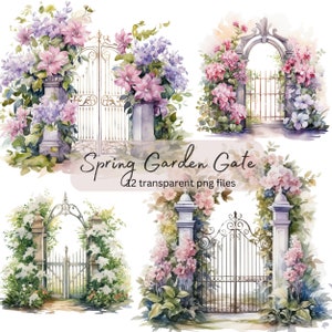 Spring Garden Gate aquarel clipart bundel, transparante PNG, digitale download, papercraft, kaart maken, junk journaling, commercieel gebruik