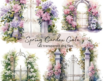 Spring Garden Gate Watercolor Clipart Bundle, Transparent PNG, Digital Download, Papercraft, Card Making, Junk Journaling, Commercial Use