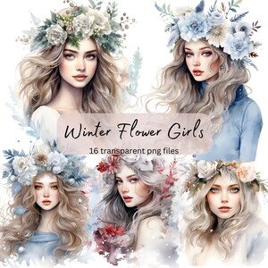 Winter Flower Girls Watercolor Clipart Bundle,Transparent PNG. Portrait Pretty Girl, Fashion Clipart ,Paper craft, Junk Journal Scrapbooking