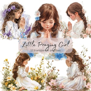 Pacchetto clipart acquerello bambina che prega, comunione bambini, PNG trasparente, download digitale, creazione di cartoline, papercraft, uso commerciale