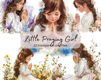 Little Girl Praying Watercolor Clipart Bundle, Communion Kids, Transparent PNG, Digital Download, Card Making, Papercraft, Commercial Use