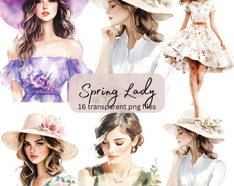 Cozy Spring Lady Watercolor Clipart Bundle, Transparent PNG, Digital Download, Card Making Beautiful Woman Lady, Junk Journal Papercraft