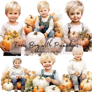 Farm Boy with Pumpkins Watercolor Clipart Bundle, transparent PNG, Autumn Cute Child, Sublimation, Paper craft, Junk Journal Scrapbooking