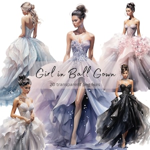 Girl in Ball Gown Watercolor Clipart Bundle, Transparent PNG, Digital Download, Prom Fashion Card Making, Model Illustration, Commercial Use