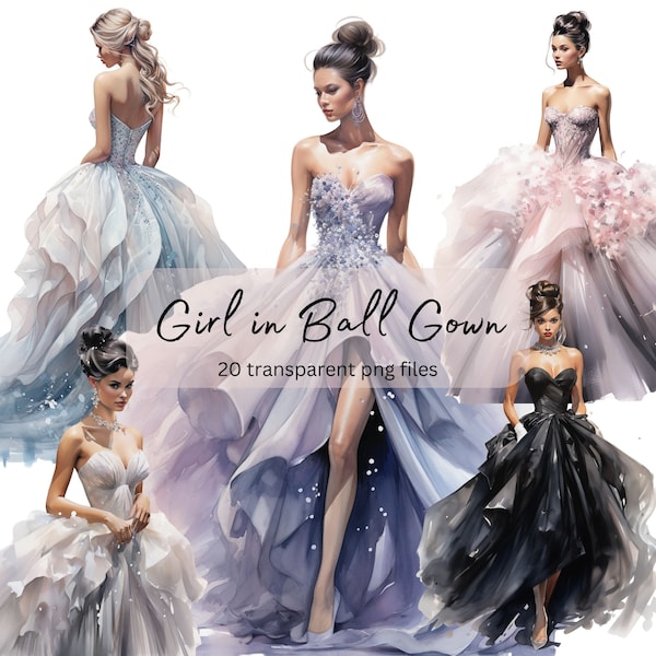 Girl in Ball Gown Watercolor Clipart Bundle, Transparent PNG, Digital Download, Prom Fashion Card Making, Model Illustration, Commercial Use