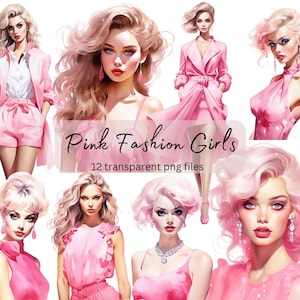 Pacote de clipart aquarela rosa fashion girl, PNG transparente, download digital, mulher fazendo cartão, ilustração de clipart de moda, uso comercial
