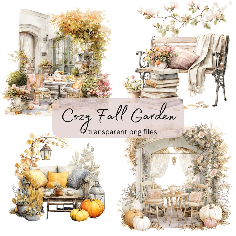 Cozy Fall Garden Watercolor Clipart Bundle, Transparent PNG, Digital ...