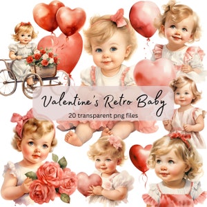Valentines Retro Baby aquarel clipart bundel, transparante PNG, vintage schattig meisje, kaart maken, papier ambachtelijke, junk Journal scrapbooking