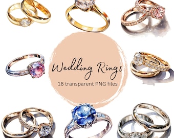 Wedding Engagement Rings Clipart Bundle Watercolor, Transparent PNG, Card Making, Digital Download, Scrapbooking Junk Journal,Commercial Use