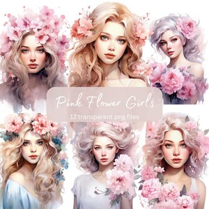 Pink Flower Girls Watercolor Clipart Bundle, Transparent PNG, Pretty Girl Portrait,Fashion Paper craft,Card Making Junk Journal Scrapbooking