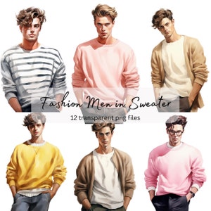 Paquete de imágenes prediseñadas de acuarela de hombres en suéter, PNG transparente, descarga digital, fabricación de tarjetas para hombre joven, ilustración de moda, uso comercial