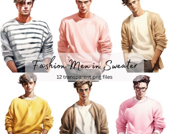 Men in Sweater Watercolor Clipart Bundle, Transparent PNG, Digital Download, Card Making Young Man, Fashion Illustration, Commercial Use