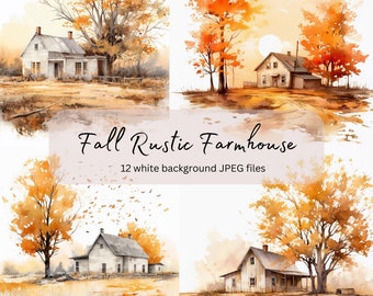 Fall Rustic Farmhouse Clipart Bundle, Landscape Wall Art, High Res JPEGs, Nature Illustration, Digital Download, Card Making, Commercial Use