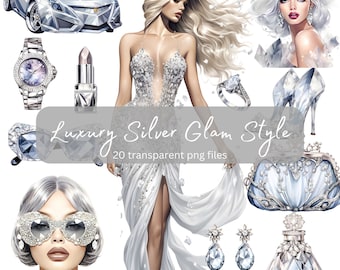 Luxury Silver Glam Watercolor Clipart Bundle, Transparent PNG, Digital Download, Fashion Card Making, Model Illustration, Commercial Use