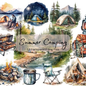 Summer Camping Watercolor Clipart Bundle, Transparent PNG, travel vacation clipart, Instant Download, Scrapbook, Junk Journal,Commercial Use