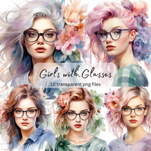 Girl with Glasses Aquarel Clipart Bundel, transparante PNG, Pretty Girl Clipart, Fashion Paper craft, Junk Journal Scrapbooking, Card Making