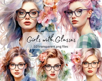 Girl with Glasses Watercolor Clipart Bundle, transparent PNG, Pretty Girl Clipart,Fashion Paper craft, Junk Journal Scrapbooking,Card Making