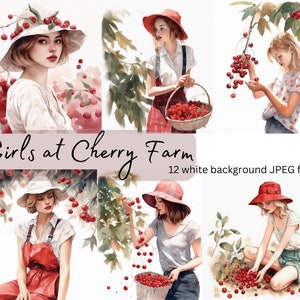 Fille à Cherry Farm Clipart Bundle, JPEG de haute qualité, Summer Time Clipart, Téléchargement numérique, Fabrication de cartes, Scrapbook, Art mural, Utilisation commerciale