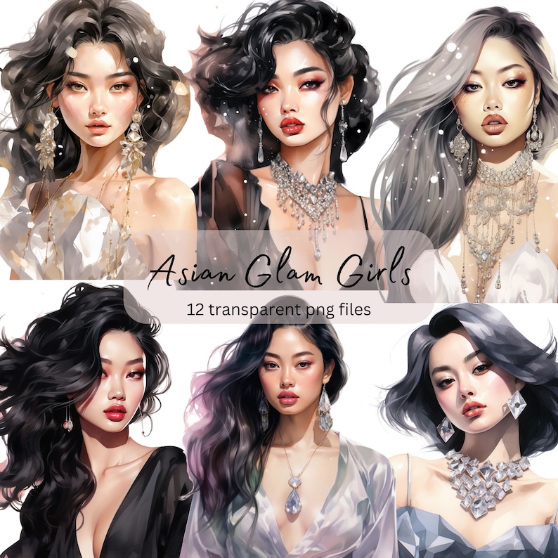 Asian Glam Girl Watercolor Clipart Bundle, Transparent PNG, Digital ...