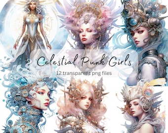 Celestial Punk Girls Clipart, transparent PNG, Pretty Girls Clipart,Fantasy illustration, Paper craft, Junk Journal Scrapbooking,Card Making