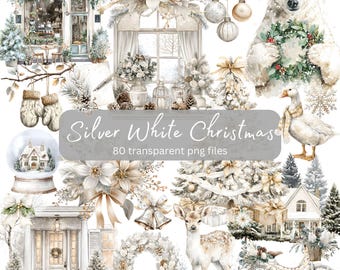 Silver White Christmas, Winter Cozy Holiday Watercolor Clipart Bundle, Transparent PNG,Digital Download,Card Making Scrapbooking,Cottagecore