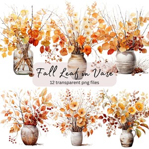 Könnte beinhalten: Ein Set mit 12 Aquarell-Illustrationen von Herbstblättern in verschiedenen Vasen. Die Blätter sind in Orange-, Gelb- und Brauntönen gehalten. Die Vasen sind eine Mischung aus Glas und Keramik.