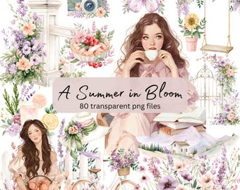 A Summer in Bloom Clipart Set, Pastel Cottagecore Girls, Feminine PNG Bundle, Digital Download, Soft Aesthetic Illustrations, Floral Meadow