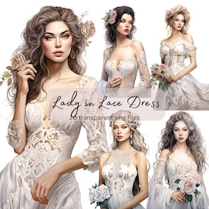 Pacchetto di clipart acquerello Lady in Lace Dress, PNG trasparente, download digitale, creazione di biglietti per bella ragazza, illustrazione del modello, uso commerciale