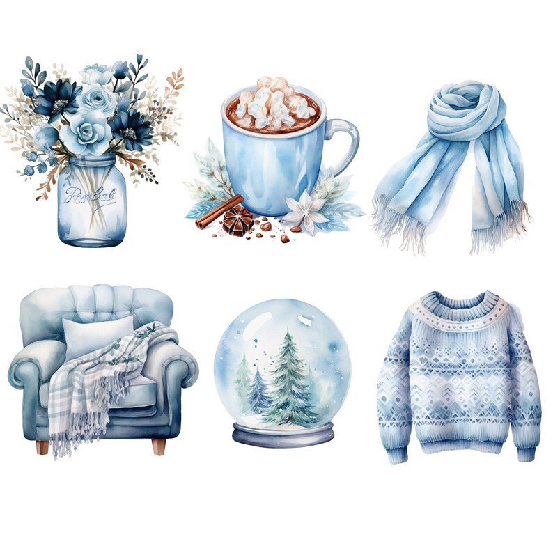Pode incluir: Uma ilustra&ccedil;&atilde;o em aquarela de itens com tema de inverno. Uma poltrona azul com uma manta branca, uma caneca azul com chocolate quente e marshmallows, um cachecol azul, um globo de neve com uma cena nevada e um su&eacute;ter azul com um padr&atilde;o de floco de neve branco.
