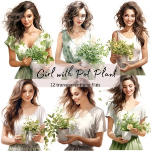 Pacote de clipart de aquarela para amante de plantas, PNG transparente, clipart de menina de primavera, planta de vaso, sublimação, artesanato de papel, álbum de recortes de diário de lixo