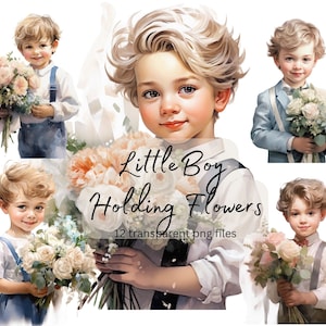 Petit garçon fleurs aquarelle Clipart Bundle, PNG Transparent, téléchargement numérique, fabrication de cartes, mignon garçon clipart Illustration, usage Commercial