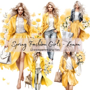 Spring Fashion Girls Watercolor Clipart Bundle, Transparent PNG, Digital Download, Card Making Beautiful Woman Lady,Model Illustration Lemon
