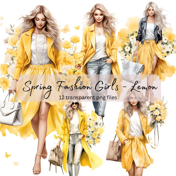 Spring Fashion Girls Watercolor Clipart Bundle, Transparent PNG, Digital Download, Card Making Beautiful Woman Lady,Model Illustration Lemon