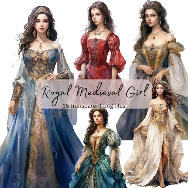 Royal Medieval Girls Vintage Watercolor Clipart Bundle, Transparent PNG, Digital Download, Card Making Scrapbook Junk Journal Commercial Use