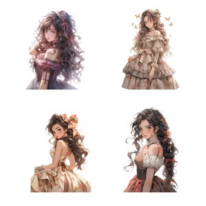 May include: Four digital illustrations of anime-style women with long, flowing hair. Each woman is wearing a different dress and has a different hairstyle. The women are all smiling and looking at the viewer.