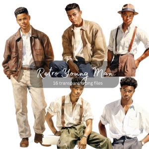 Black Retro Young Man Watercolor Clipart Bundle, Transparent PNG, Digital Download,Fashion Card Making Scrapbook Junk Journal Commercial Use
