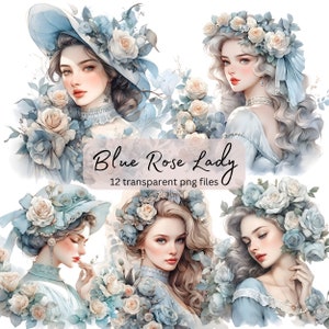 Pacote de clipart de aquarela vintage senhora rosa azul, PNG transparente, download digital, cartão de retrato de mulher fazendo uso comercial de lixo eletrônico