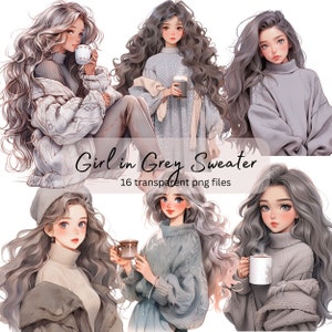Girl in Grey Sweater Watercolor Clipart Bundle, Transparent PNG, Digital Download, Pretty Girl Fashion Card Making,Junk Journal,Scrapbooking