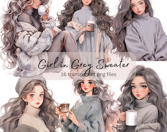 Girl in Grey Sweater Watercolor Clipart Bundle, Transparent PNG, Digital Download, Pretty Girl Fashion Card Making,Junk Journal,Scrapbooking